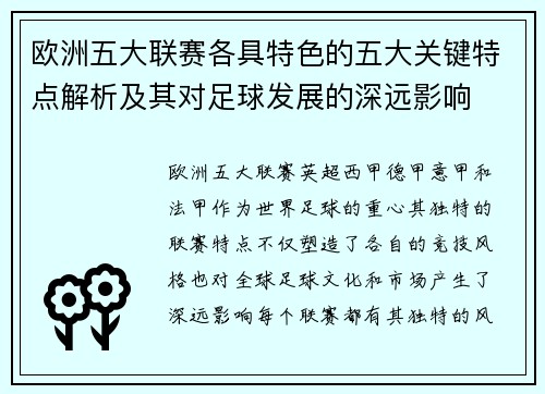 欧洲五大联赛各具特色的五大关键特点解析及其对足球发展的深远影响