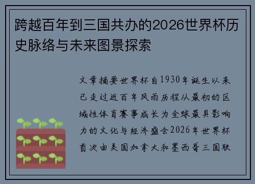 跨越百年到三国共办的2026世界杯历史脉络与未来图景探索